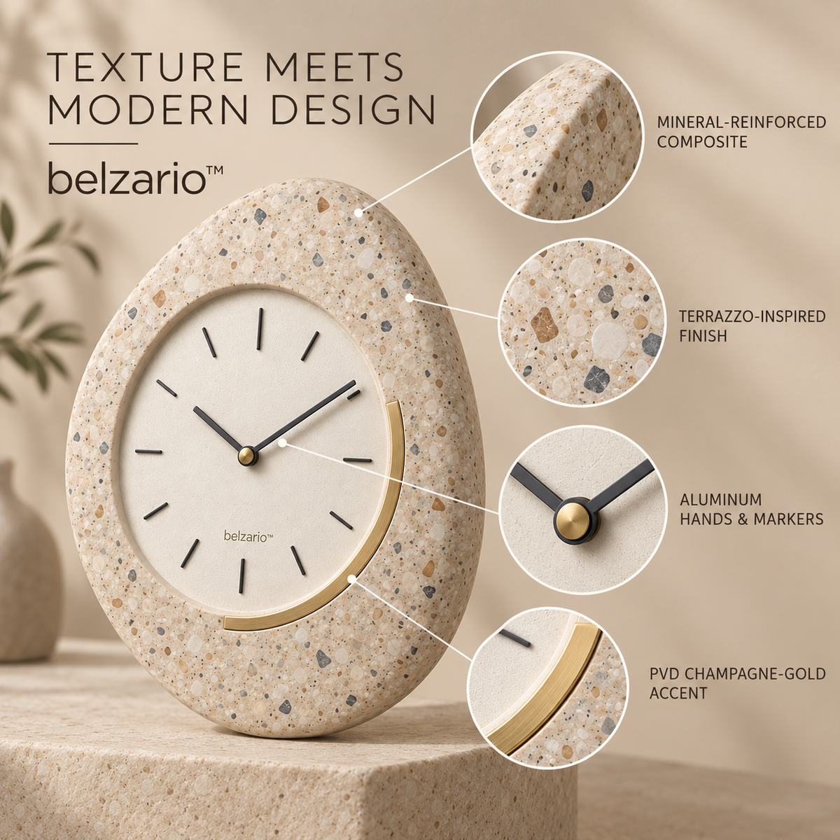 belzario™ Terralune Sculptural Terrazzo Wall Clock