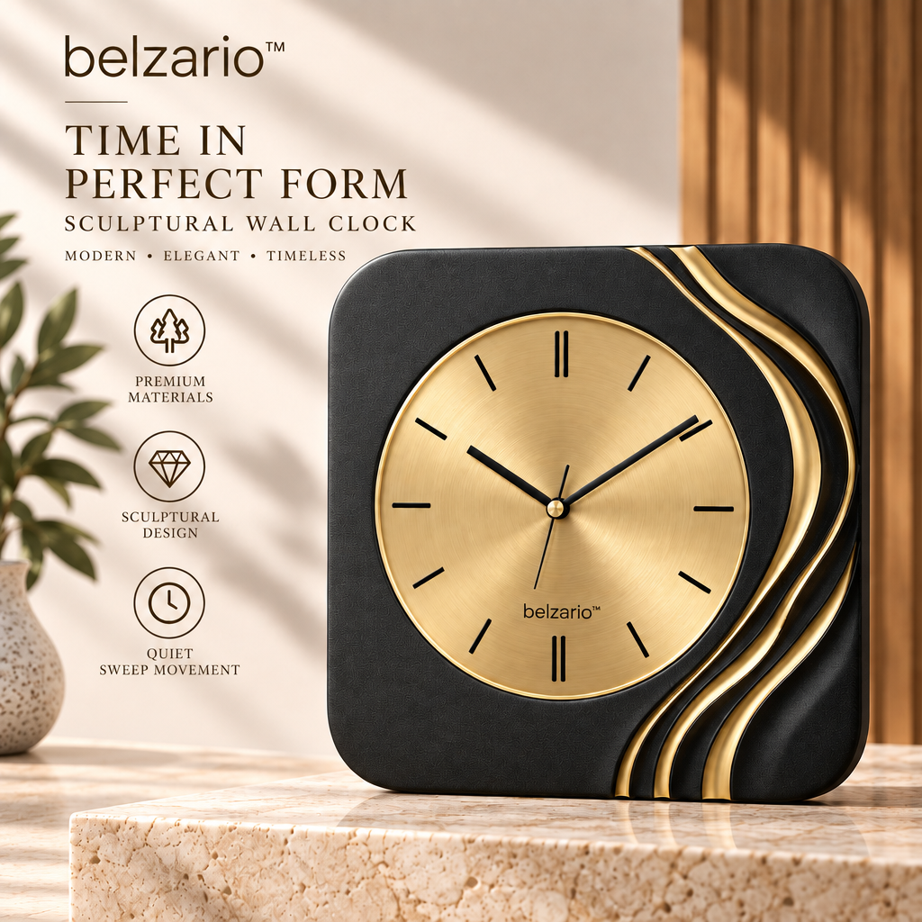 belzario™ Sculptural Modern Wall Clock – 20-Inch Black & Gold Decorative Clock