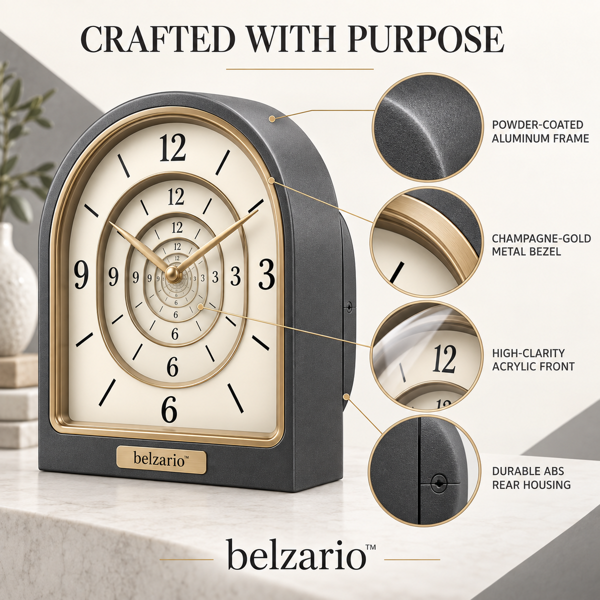 belzario™ Arc Halo Infinity Table Clock – Modern Sculptural Desk & Mantel Décor
