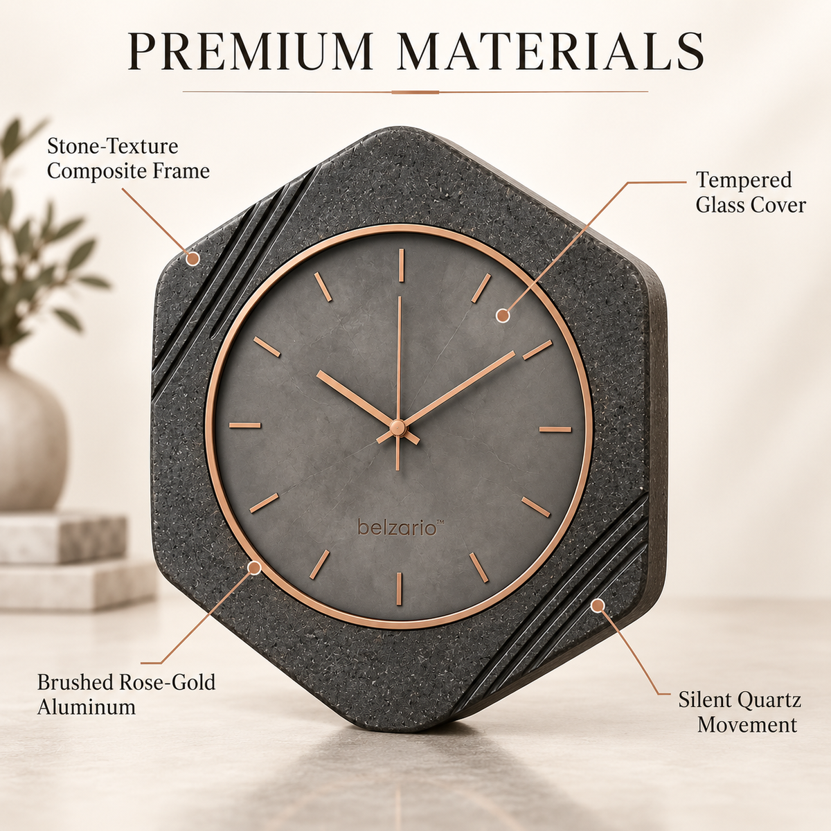 belzario™ Sculptural Stone-Textured Geometric Wall Clock