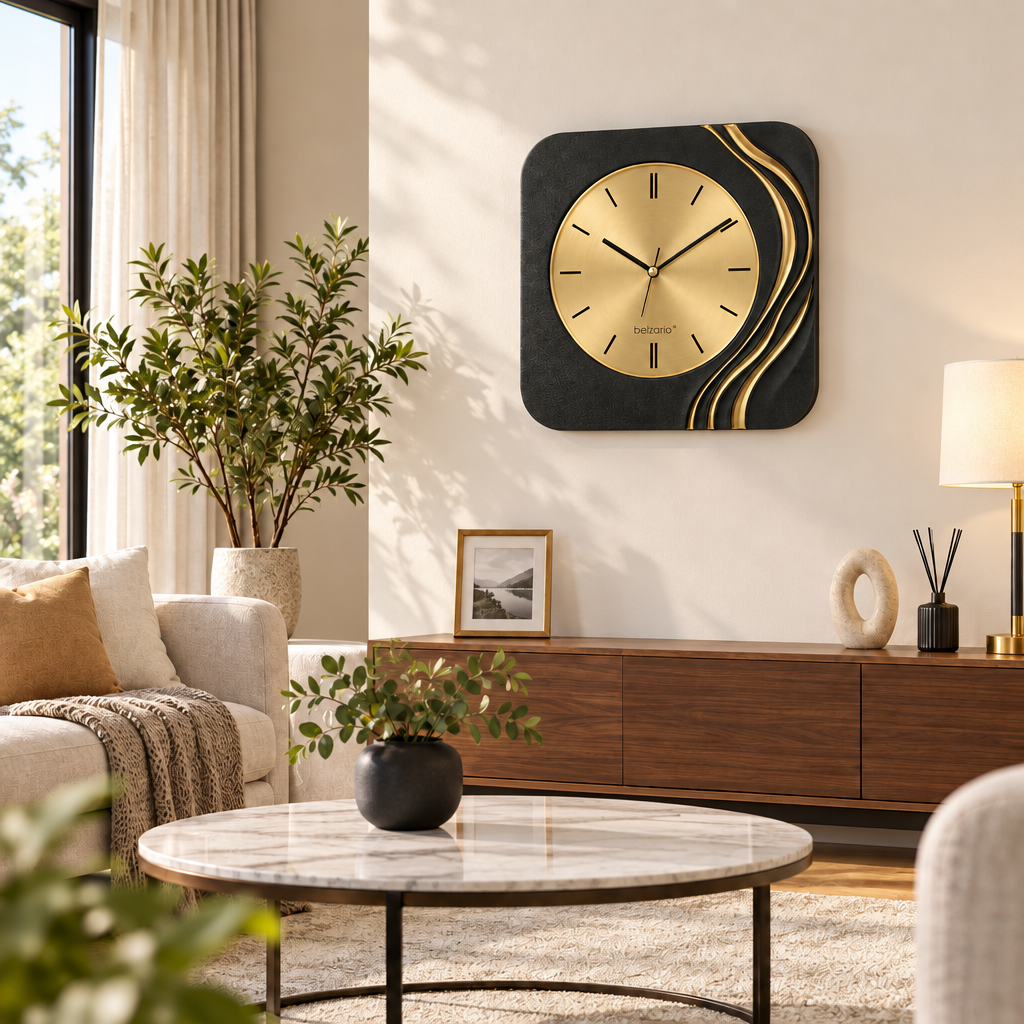 belzario™ Sculptural Modern Wall Clock – 20-Inch Black & Gold Decorative Clock