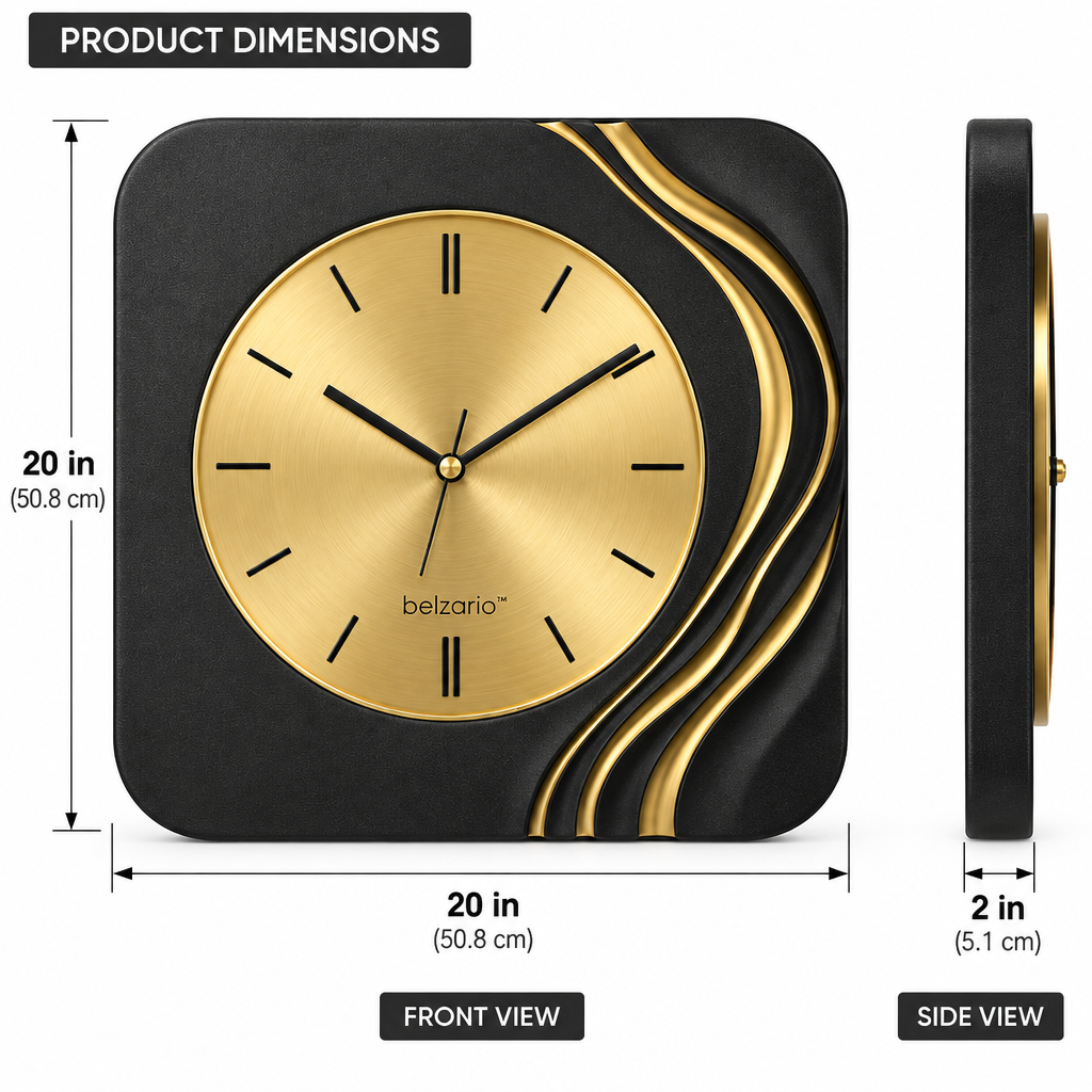 belzario™ Sculptural Modern Wall Clock – 20-Inch Black & Gold Decorative Clock