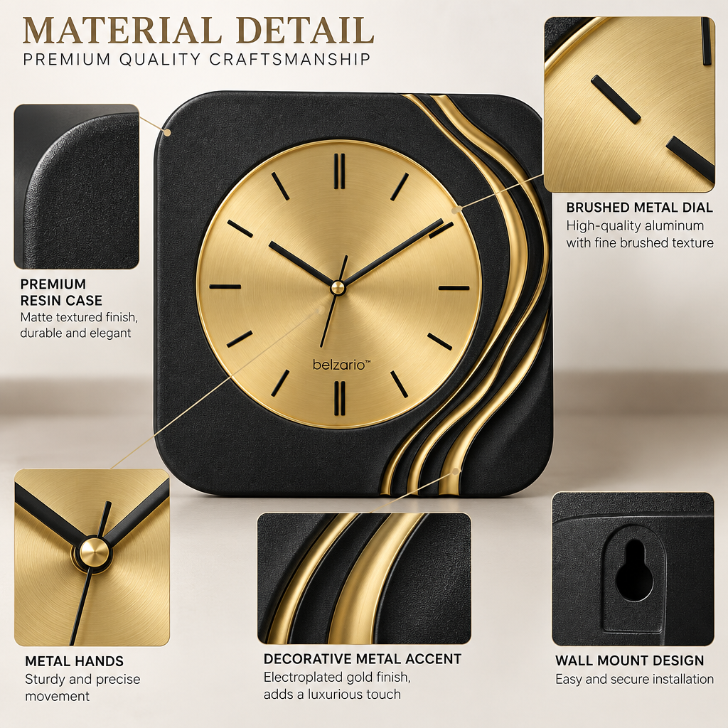 belzario™ Sculptural Modern Wall Clock – 20-Inch Black & Gold Decorative Clock